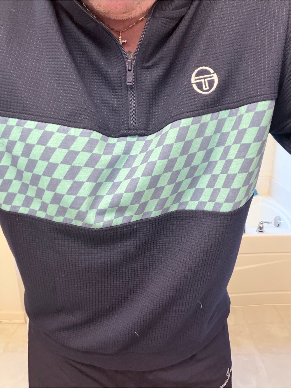 Sergio Tacchini Navy Zip-Up Sweater with Mint Checker Stripe